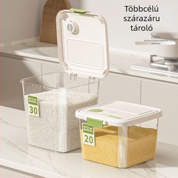Átlátszó rizstároló doboz összecsukható fedéllel, 15 kg kapacitás, vastagított PP + szilikagél, tömítés, nedvesség- és rovarállóság, dátum rögzítés, logónyomás elérhető