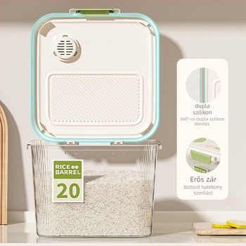 Átlátszó rizstároló doboz összecsukható fedéllel, 15 kg kapacitás, vastagított PP + szilikagél, tömítés, nedvesség- és rovarállóság, dátum rögzítés, logónyomás elérhető