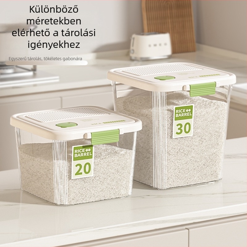Átlátszó rizstároló doboz összecsukható fedéllel, 15 kg kapacitás, vastagított PP + szilikagél, tömítés, nedvesség- és rovarállóság, dátum rögzítés, logónyomás elérhető