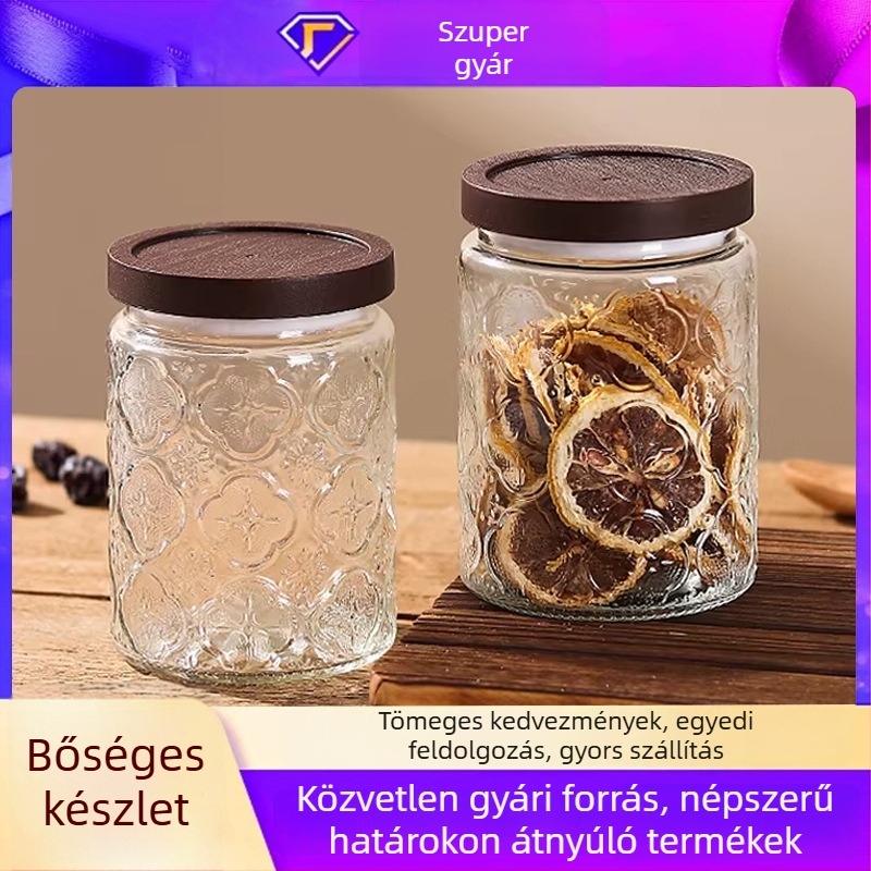 Üveg retró tároló snackekhez, begónia virágokkal, dióval és aszalt gyümölcsökkel, zárható konyhai edény, nagy kapacitás.