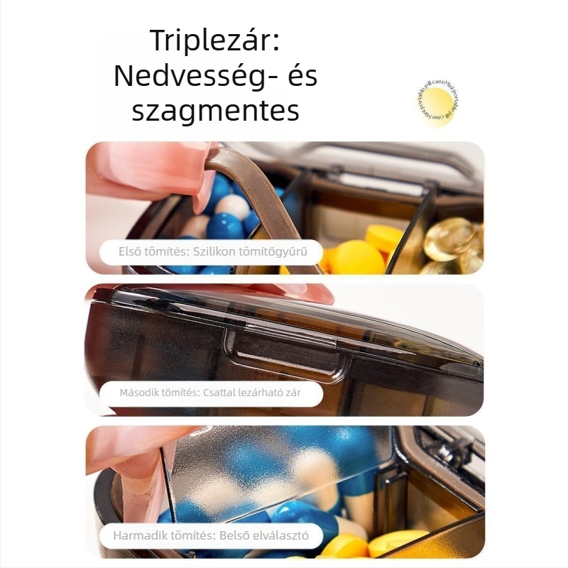 Japán stílusú hordozható osztott gyógyszeres doboz, bambusz anyagból, 18 rekesz, flipfedél, autóban használható