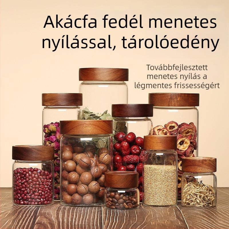 Magas minőségű boroszilikát üvegből készült tároló edény fedővel, teás üveg akácfa menetes szájjal, nedvességálló zárás, 301–500 ml