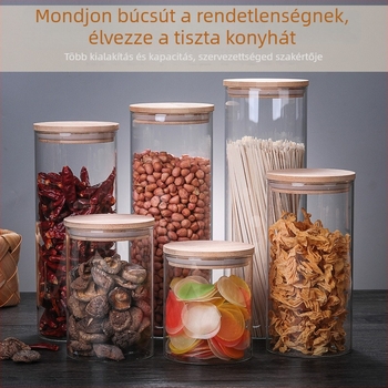 Üvegből készült tárolóedény – kerek, teához, gabonához, aszalt gyümölcsökhöz és kávéhoz; mikrohullámú sütőben használható