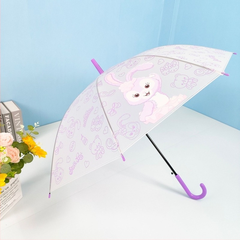 Gyerekeknek készült átlátszó esernyő hosszú fém fogantyúval, 8 bordás váz, PVC vászon, félautomata nyitás, rajzfilmszerű dizájn