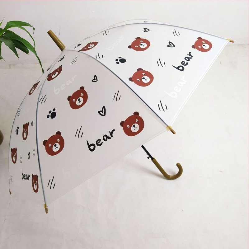 Gyerekeknek készült átlátszó esernyő hosszú fém fogantyúval, 8 bordás váz, PVC vászon, félautomata nyitás, rajzfilmszerű dizájn