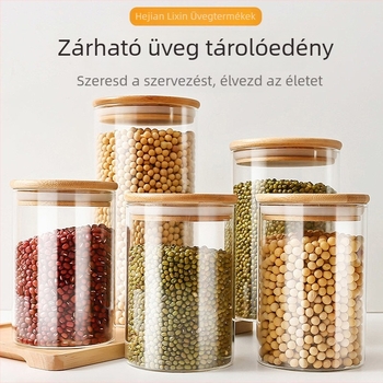 Boroszilikát üveg tárolóedény bambusz fedővel, kör formájú, 1–2 literes kapacitás, modern minimalista konyhai tároló