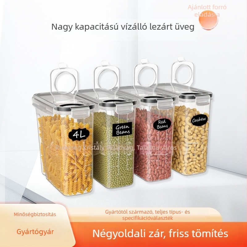 Konyhai gabonás tároló műanyag tartó, négyzet alakú, nedvességálló, kapacitás 4,1–5 L