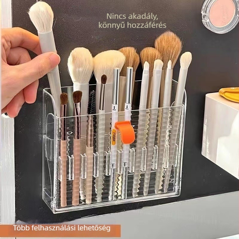 Falihoz szerelhető átlátszó tükrös tároló doboz fedővel, PP anyagból, 2 L kapacitással, rúzsok, sminkecsetek, eyeliner és szemöldök ceruza tárolására