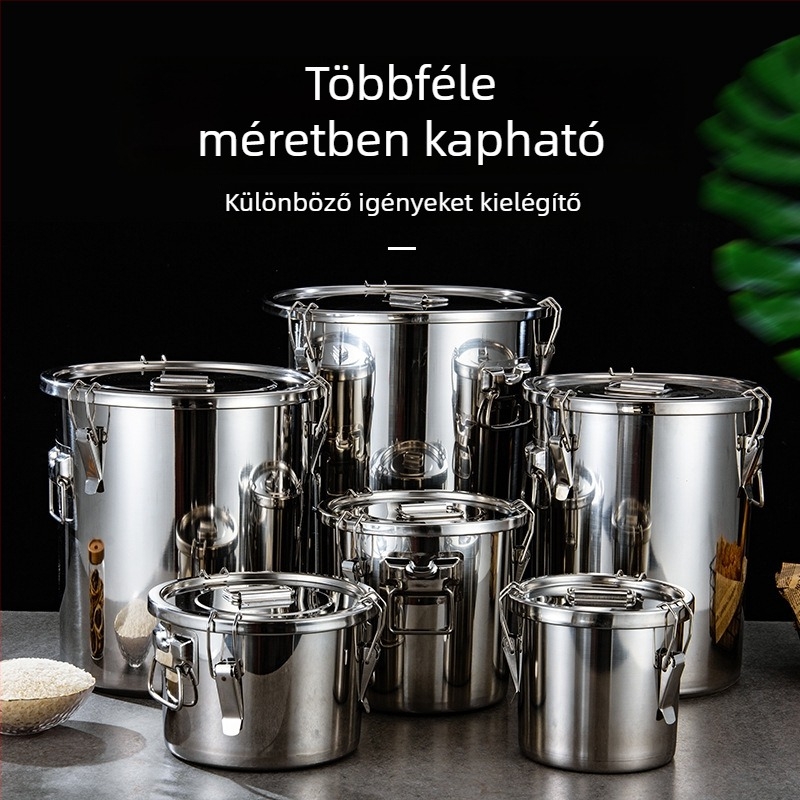 304 rozsdamentes acél zárt vödör csattal; többfunkciós tároló rizs és tea számára, extra vastag, nedvesség- és kártevőmentes