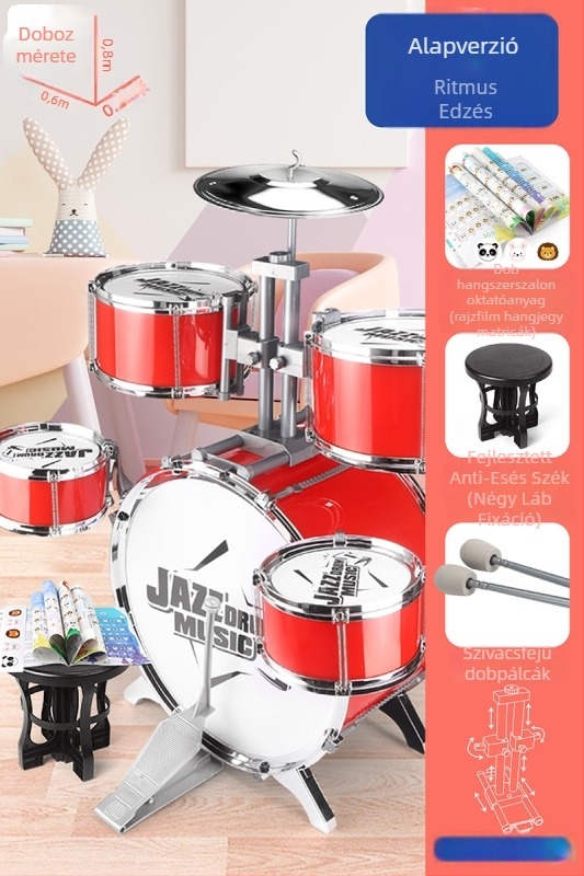 Kezdő gyerek dobkészlet — műanyag, nyugati ütőhangszer, 4–6 éveseknek, méretek 38×23,5×80 cm, 3C tanúsítvány kód 2021152202035843