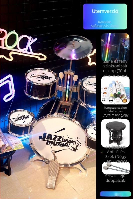 Kezdő gyerek dobkészlet — műanyag, nyugati ütőhangszer, 4–6 éveseknek, méretek 38×23,5×80 cm, 3C tanúsítvány kód 2021152202035843