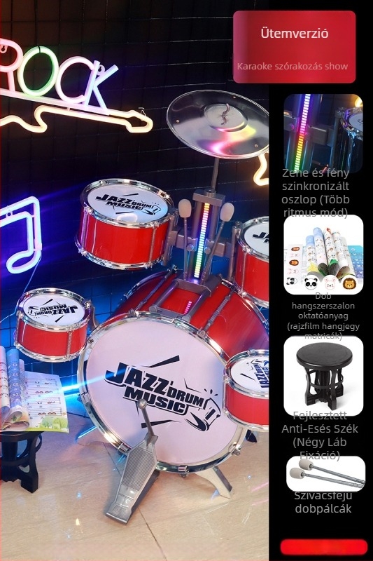 Kezdő gyerek dobkészlet — műanyag, nyugati ütőhangszer, 4–6 éveseknek, méretek 38×23,5×80 cm, 3C tanúsítvány kód 2021152202035843