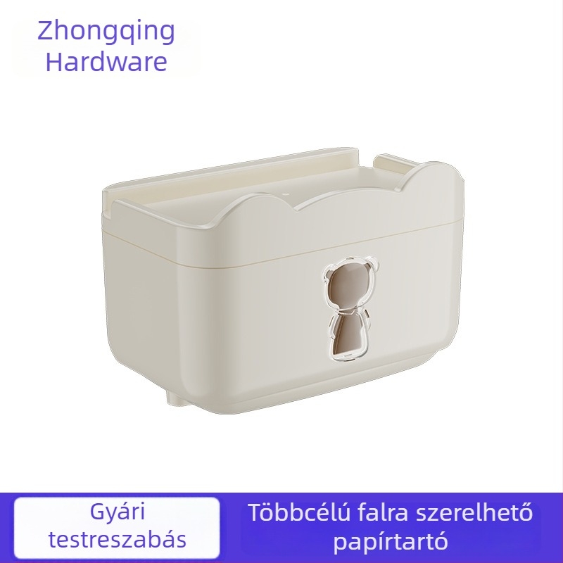 Medvés mintával készült falra szerelhető toalettpapír-doboz, ABS műanyagból, lyukasztás nélküli rögzítés, vízálló, többfunkciós