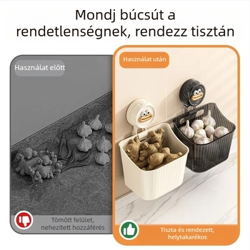 Fali szívókorongos tárolókosár konyhához – hagyma, gyömbér és fokhagyma tárolására; fém, japán stílus; fúrás nélküli felakasztás