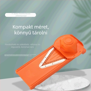 V-alakú többfunkciós zöldségvágó — szeletelés, reszelés és julienne vágás; anyag: ABS műanyag és rozsdamentes acél; debütált 2016 őszén