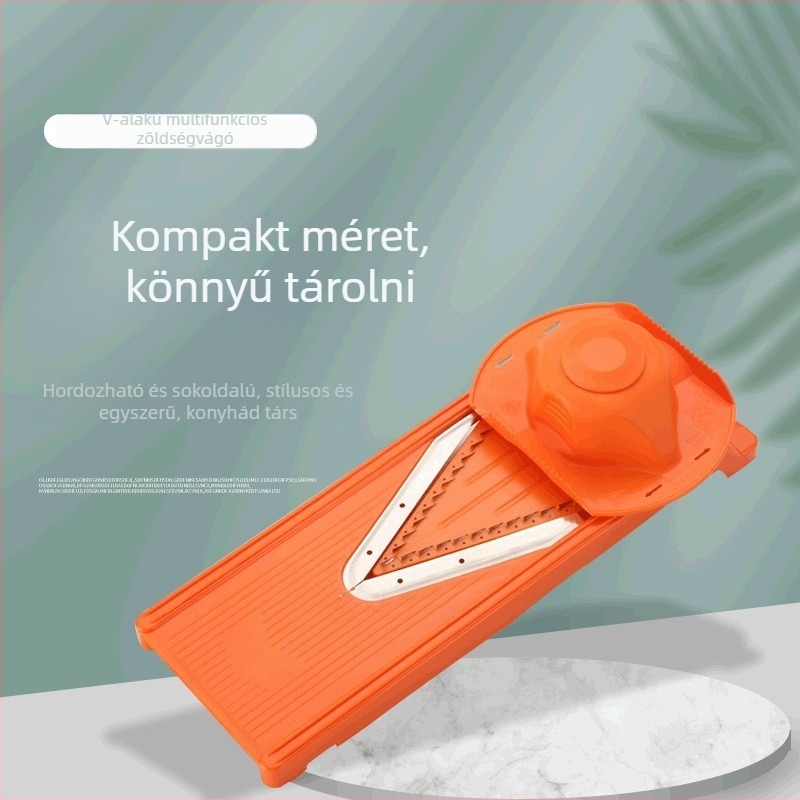V-alakú többfunkciós zöldségvágó — szeletelés, reszelés és julienne vágás; anyag: ABS műanyag és rozsdamentes acél; debütált 2016 őszén