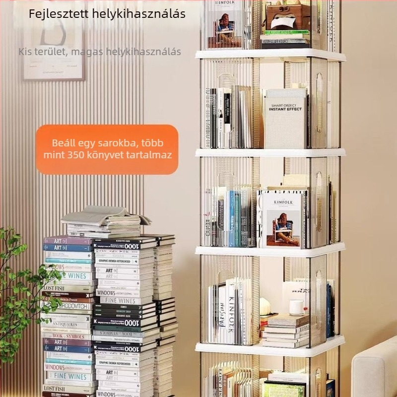 360°-os forgó műanyag könyvespolc, padlóra álló, 4 rétegű, többfunkciós a hálószoba és a nappali számára
