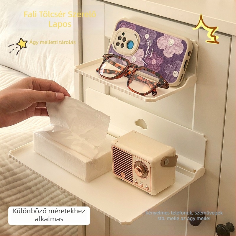 Ágy melletti összecsukható falipolc, ragasztóval rögzíthető, műanyag, 1 polc, egyszerű stílus