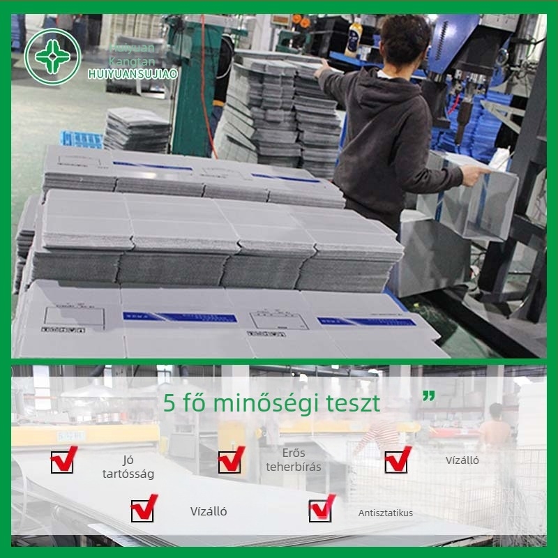 PP műanyag doboz üreges lemez szerkezetű, összecsukható, nedvességálló, antistatizáló, nagy szilárdságú, teherbírás 70 kg, falvastagság 2–12 mm, belső és külső méretek testreszabhatók