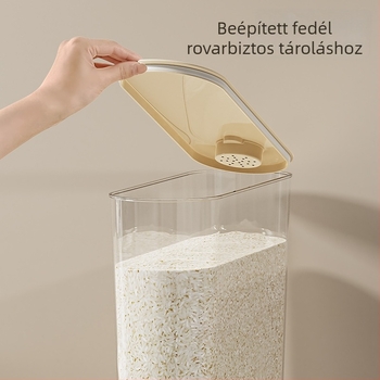 Háztartási gabona tároló doboz, kártevő- és nedvességálló, zárt, keskeny rekeszdesign a rizs számára a konyhában.