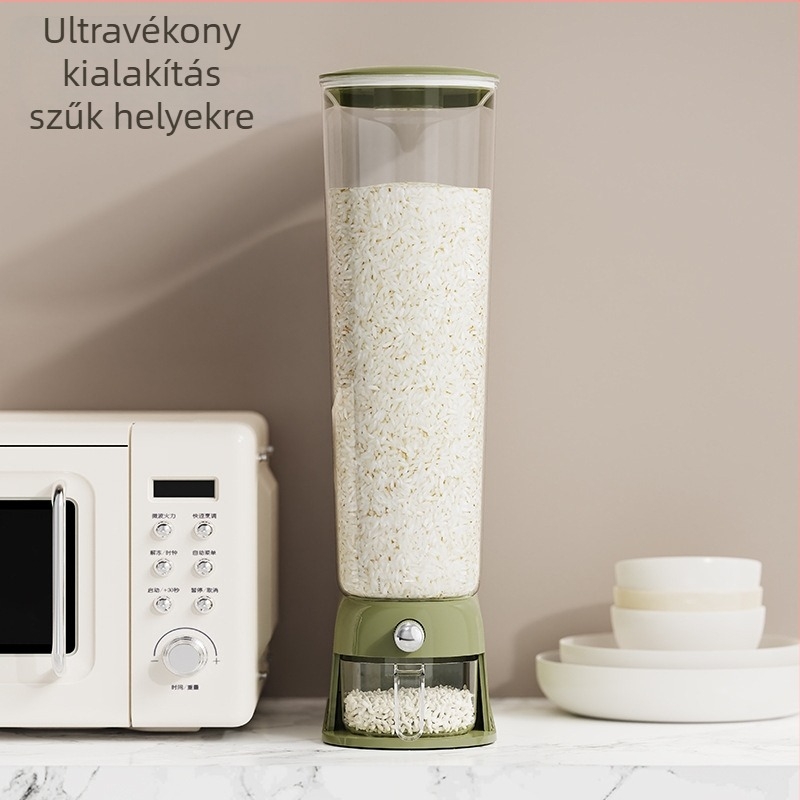 Háztartási gabona tároló doboz, kártevő- és nedvességálló, zárt, keskeny rekeszdesign a rizs számára a konyhában.