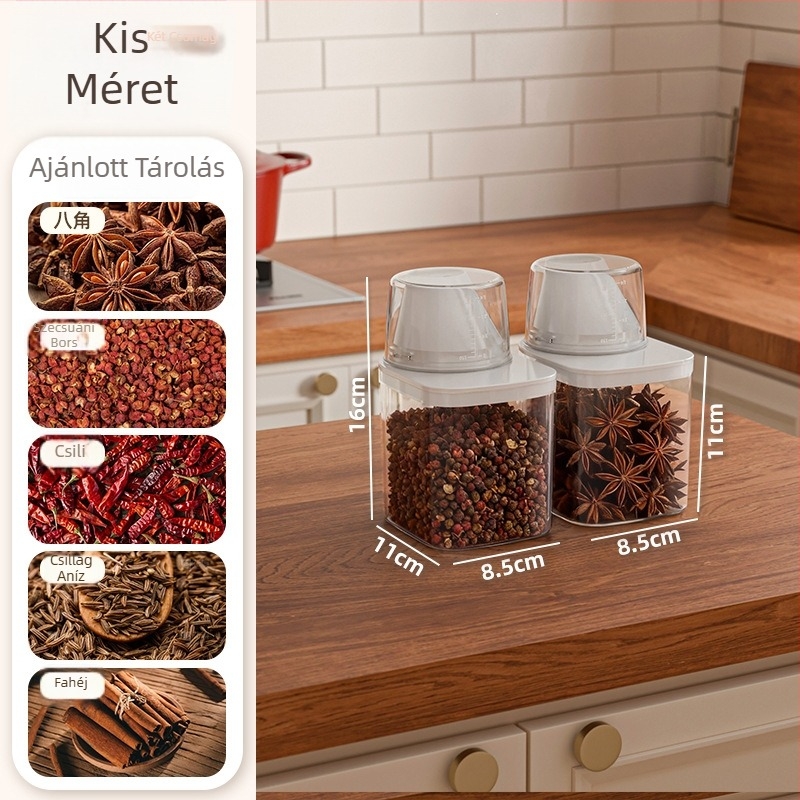 Gabona- és tészta tároló doboz, négyzet alakú PET anyag, kapacitás 501–800 ml, 60 darabos készlet