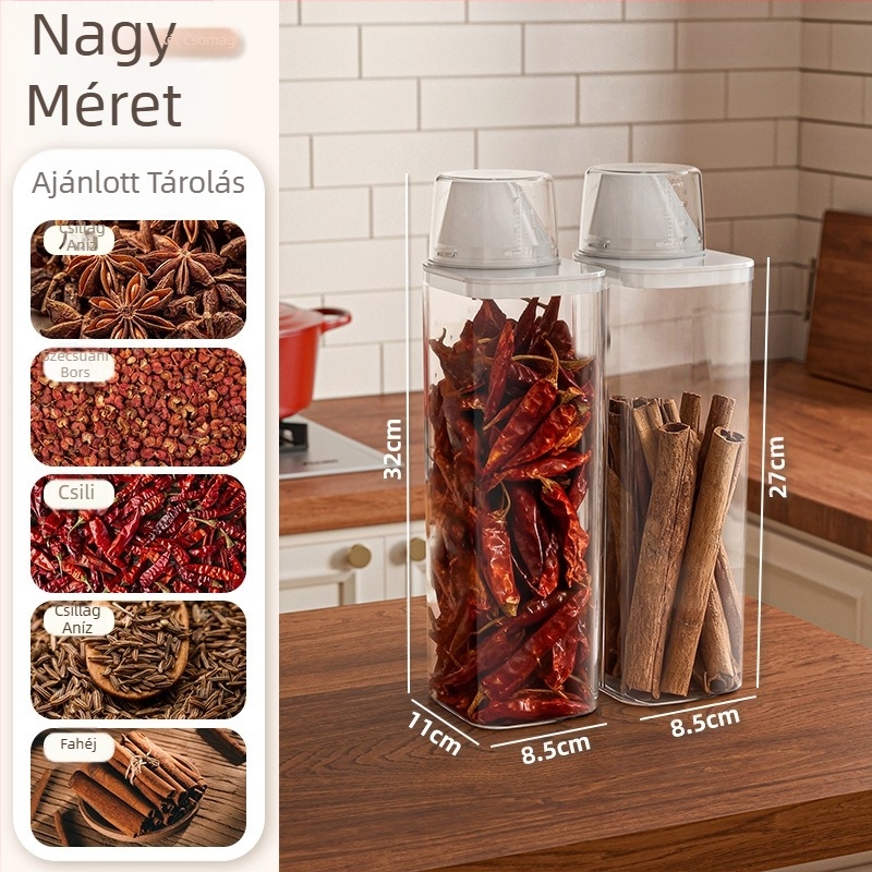 Gabona- és tészta tároló doboz, négyzet alakú PET anyag, kapacitás 501–800 ml, 60 darabos készlet