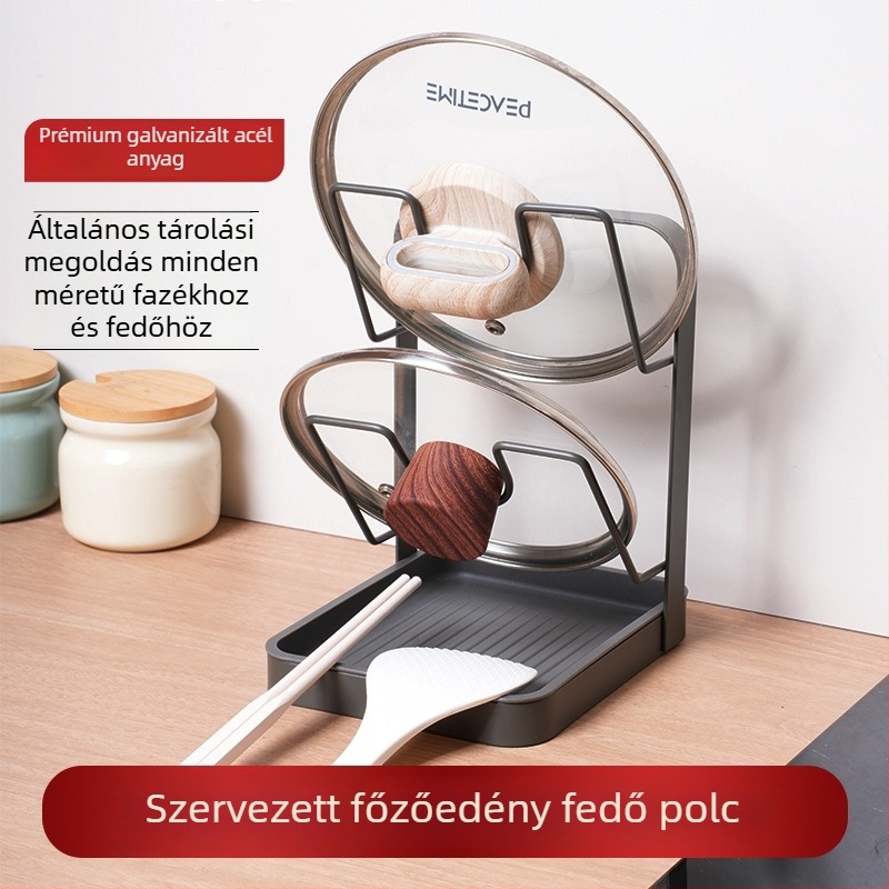 Főzőedények fedőjeinek és spatulák tárolója — fém, trapez alakú dizájn, szerelés nélkül, többszintű vágódeszka állvány