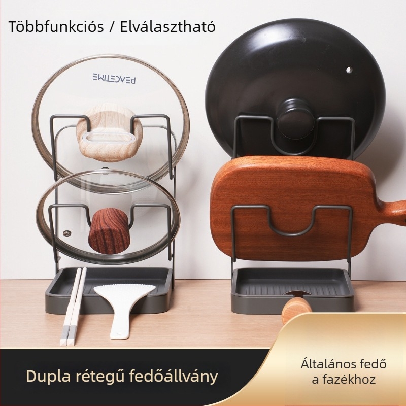 Főzőedények fedőjeinek és spatulák tárolója — fém, trapez alakú dizájn, szerelés nélkül, többszintű vágódeszka állvány