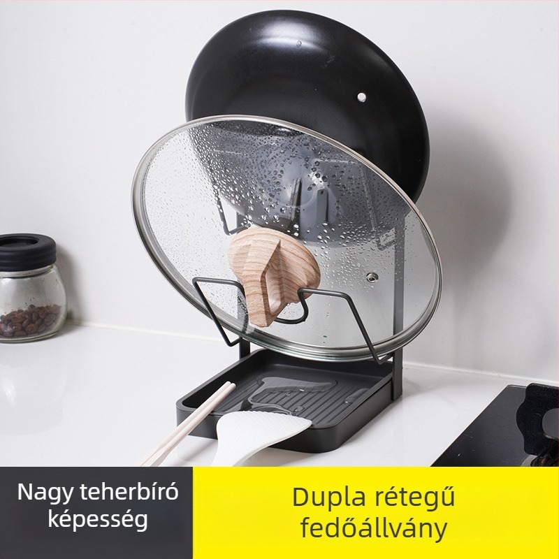 Főzőedények fedőjeinek és spatulák tárolója — fém, trapez alakú dizájn, szerelés nélkül, többszintű vágódeszka állvány