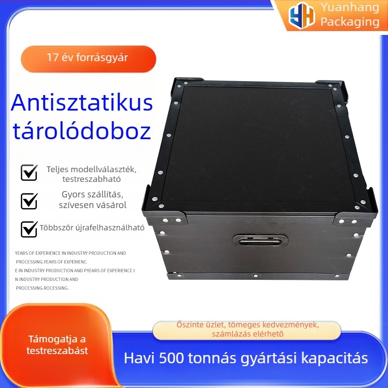 Fekete antistatikus tároló doboz, vastagított műanyag testtel és műanyag kerettel elektronikus alkatrészekhez