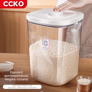 CCKO rizstároló doboz, zárható és rovarbiztos, műanyagból, 9-10 L kapacitás, háztartási használatra
