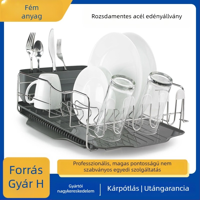 Rozsdamentes acél edényállvány leeresztő tálcával, padlóra álló, többszintes, trapéz alakú dizájn, modern stílus