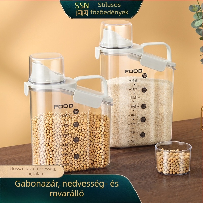 Műanyag zárható gabonatároló tál, nedvességálló, élelmiszer-minőségű, kapacitás 2,1–3 L