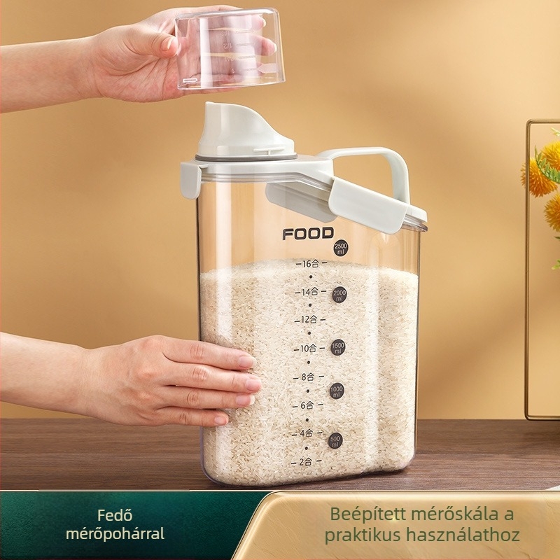 Műanyag zárható gabonatároló tál, nedvességálló, élelmiszer-minőségű, kapacitás 2,1–3 L