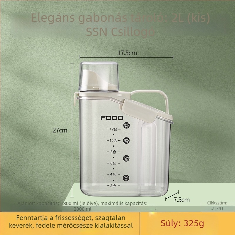 Műanyag zárható gabonatároló tál, nedvességálló, élelmiszer-minőségű, kapacitás 2,1–3 L
