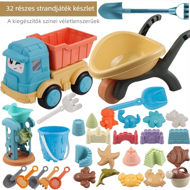 Homokozó játék készlet, műanyagból, homokozó- és vízijátékokhoz, 4–6 éveseknek, tartalmaz homokozó kocsit