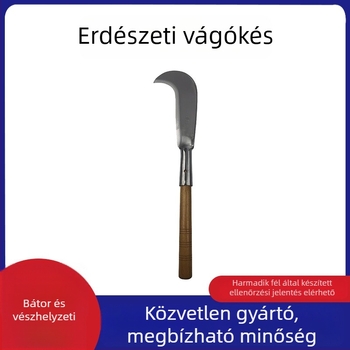 Kültéri fakivágó kés gumírozott markolattal, görbe pengéjű kés fa markolatú, kerti eszköz, gyomvágó kés
