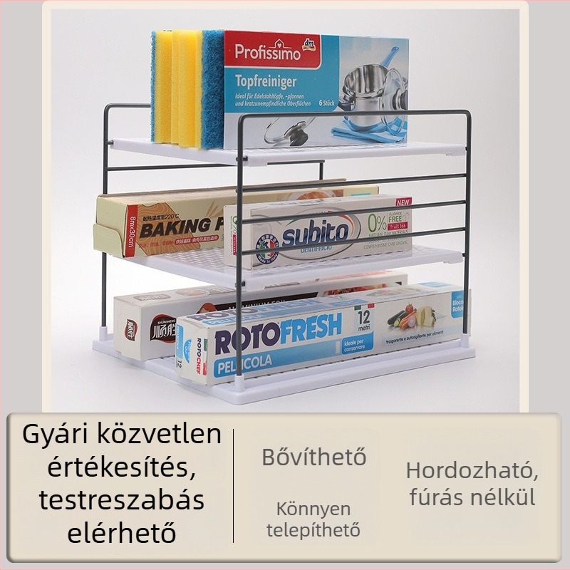 3-szintes asztali tároló kozmetikumok és konyhai kellékekhez, vas kerettel, szerelés nélkül