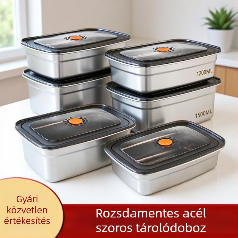 Élelmiszer-minőségű rozsdamentes acél uzsonnás doboz fedővel, négyzet alakú, mikrózható, szivárgásmentes, kapacitás 1–3 L