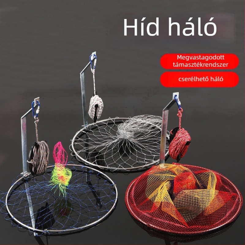 Összecsukható rozsdamentes acélból készült halászháló, 40–50 cm hálózati átmérővel, 50–60 cm mélységgel, masszív kivitel, teherbírás 10 kg.