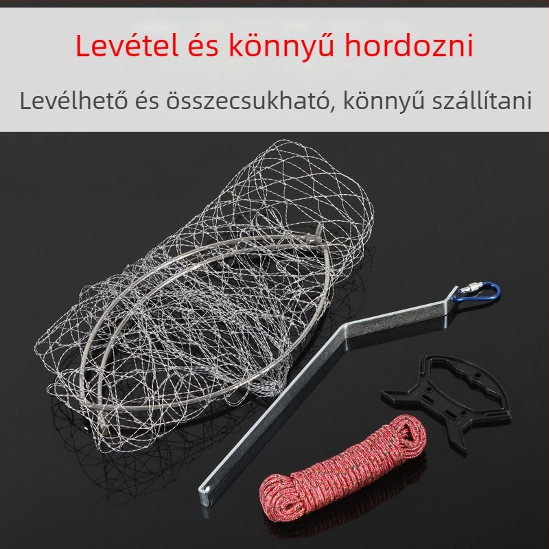 Összecsukható rozsdamentes acélból készült halászháló, 40–50 cm hálózati átmérővel, 50–60 cm mélységgel, masszív kivitel, teherbírás 10 kg.