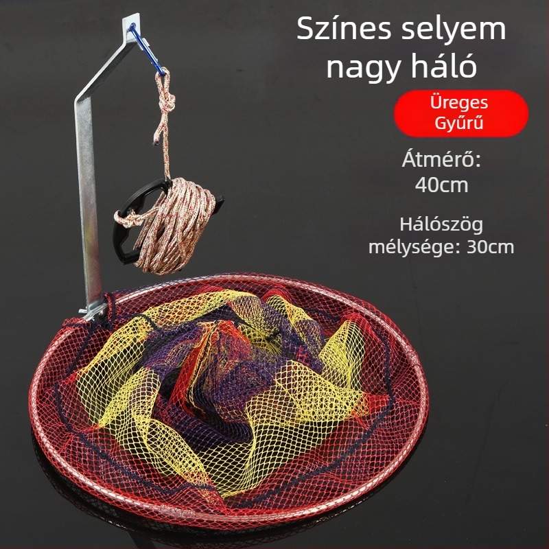Összecsukható rozsdamentes acélból készült halászháló, 40–50 cm hálózati átmérővel, 50–60 cm mélységgel, masszív kivitel, teherbírás 10 kg.