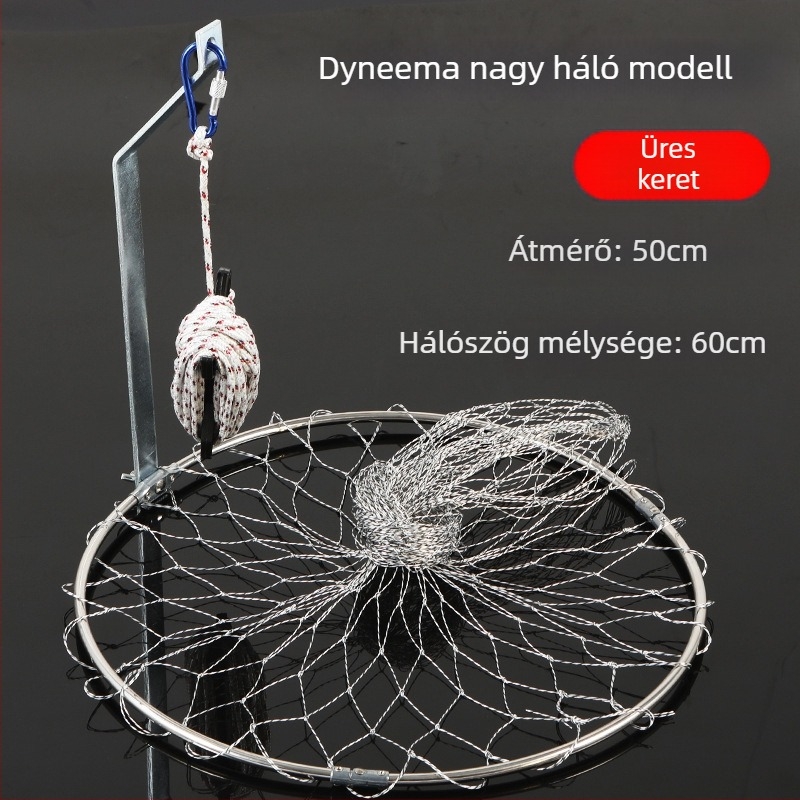 Összecsukható rozsdamentes acélból készült halászháló, 40–50 cm hálózati átmérővel, 50–60 cm mélységgel, masszív kivitel, teherbírás 10 kg.