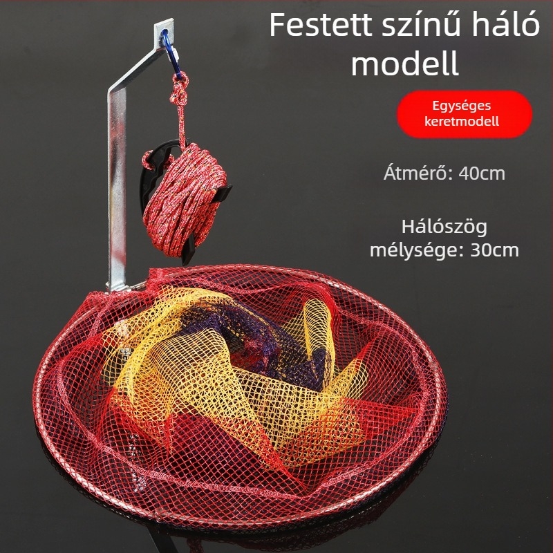 Összecsukható rozsdamentes acélból készült halászháló, 40–50 cm hálózati átmérővel, 50–60 cm mélységgel, masszív kivitel, teherbírás 10 kg.