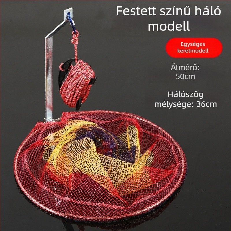Összecsukható rozsdamentes acélból készült halászháló, 40–50 cm hálózati átmérővel, 50–60 cm mélységgel, masszív kivitel, teherbírás 10 kg.