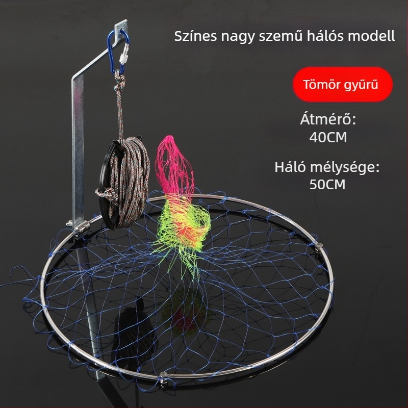 Összecsukható rozsdamentes acélból készült halászháló, 40–50 cm hálózati átmérővel, 50–60 cm mélységgel, masszív kivitel, teherbírás 10 kg.