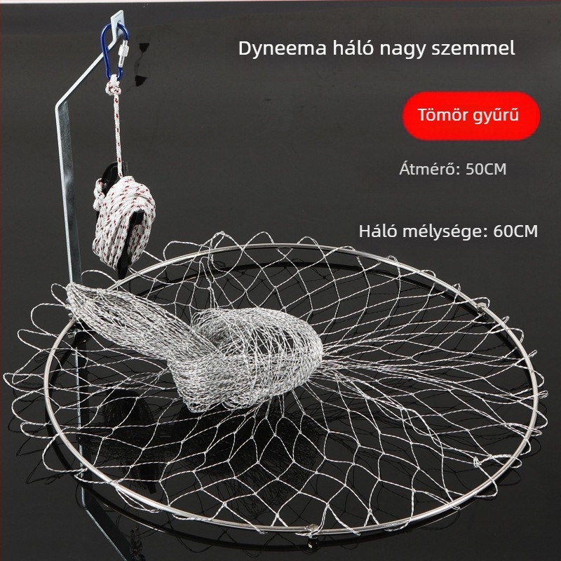 Összecsukható rozsdamentes acélból készült halászháló, 40–50 cm hálózati átmérővel, 50–60 cm mélységgel, masszív kivitel, teherbírás 10 kg.