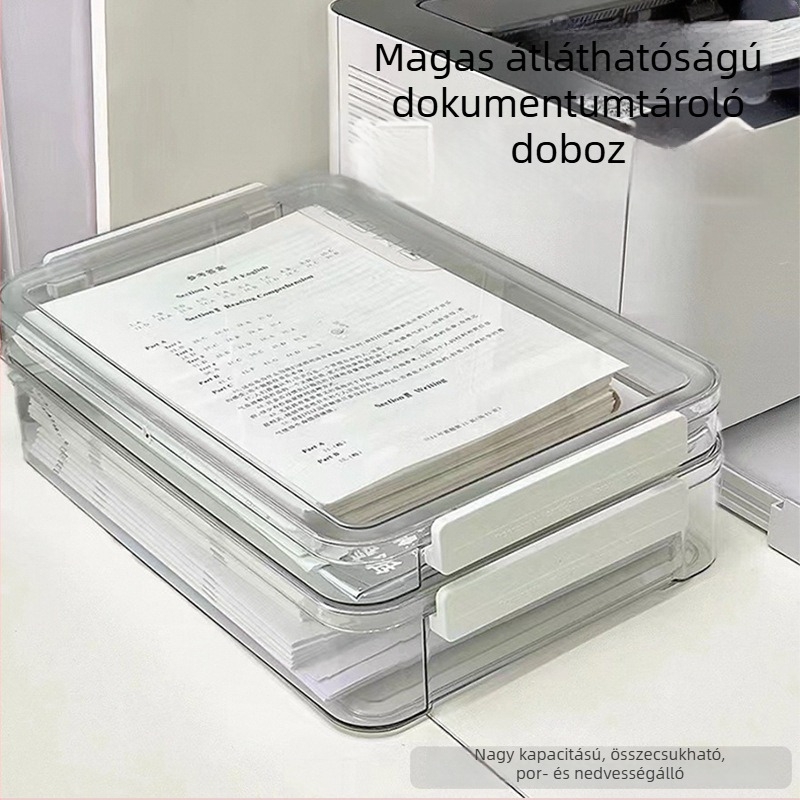 Dokumentumtároló doboz, átlátszó PET műanyag, fedél, két rekesz, logó nyomtatás lehetséges