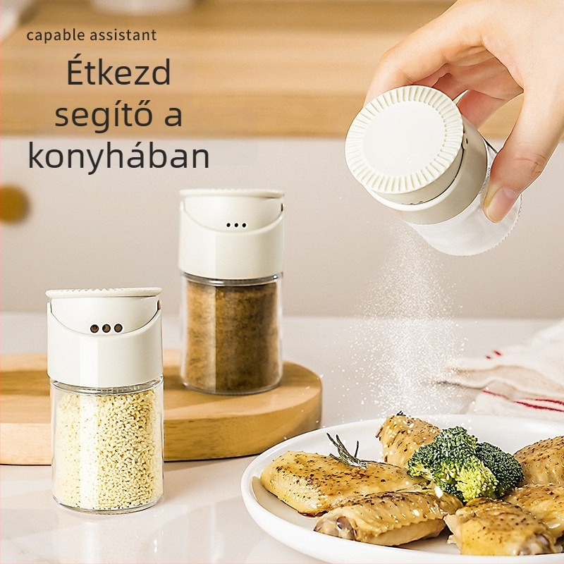 Kétnyílású üveges fűszeres palack zárható kupakkal — só, kömény és bors